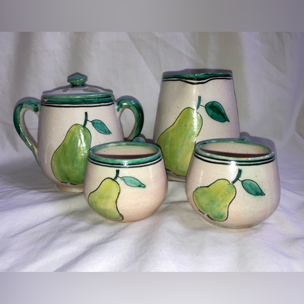 VTG Puente Arzobispo ACR SIGNED Pitcher 
Teacups Pears Jar Ceramic Pottery Set